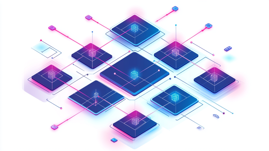 isometric illustration of a network of interconnected web pages